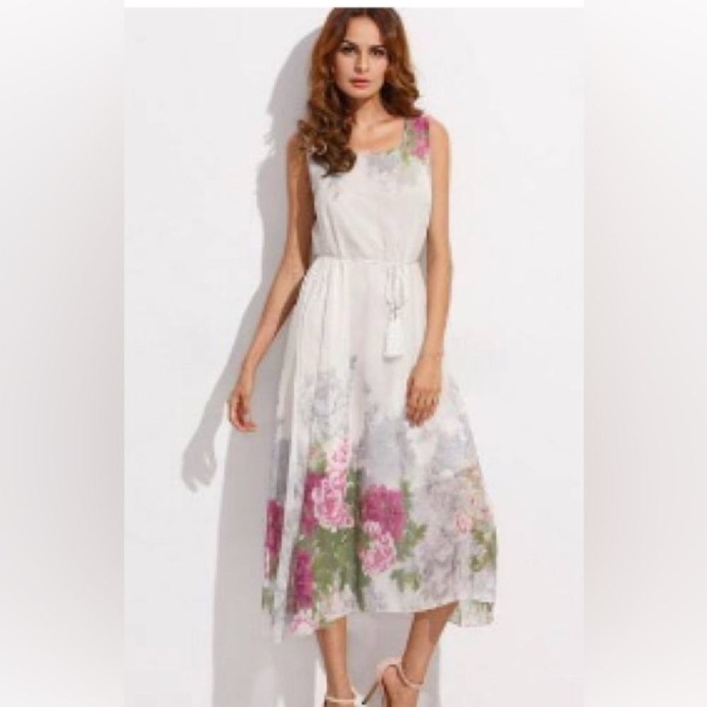 Satin Floral White and Pink Dress